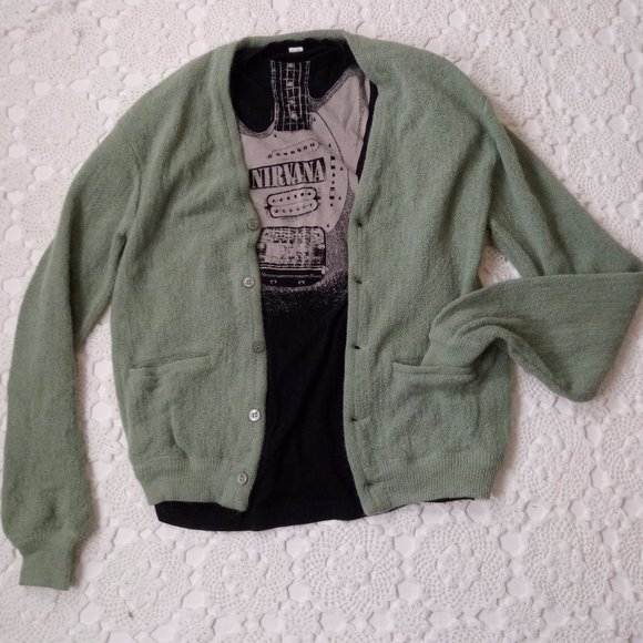 Vintage Other - Vtg 60s M Alpaca Grandpa Cardigan Green Sweater